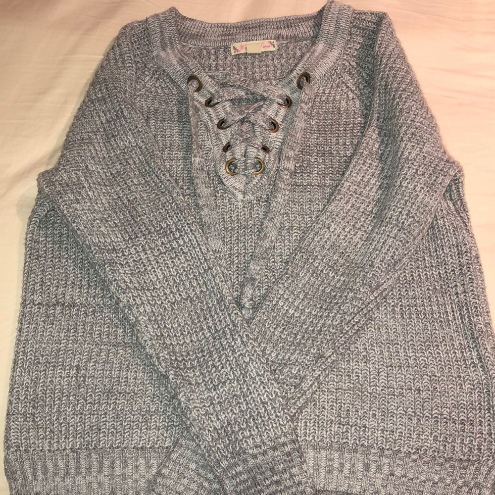 White and Grey lace up sweater